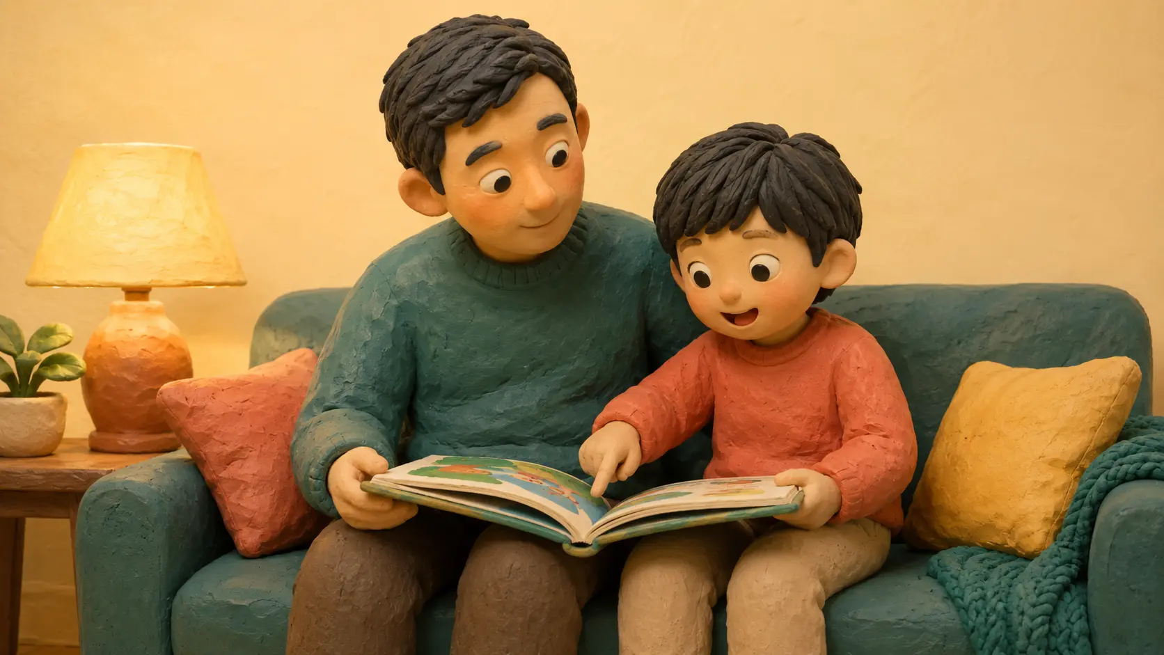 Claymation scene: a parent and a young child sitting close together on a sofa at dusk, sharing one open picture book across both their laps. The child points at the page; the parent is watching the child rather than the book.
