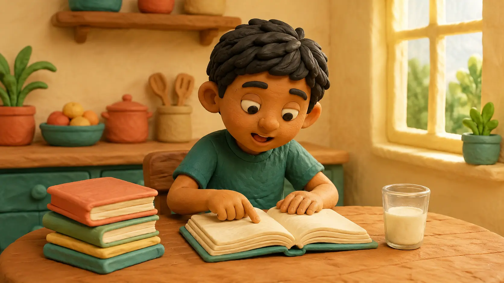 Claymation scene: a child of about seven reading alone at a kitchen table in morning light, one finger tracking under a line of text, with a short stack of books and a half-finished glass of milk beside them.