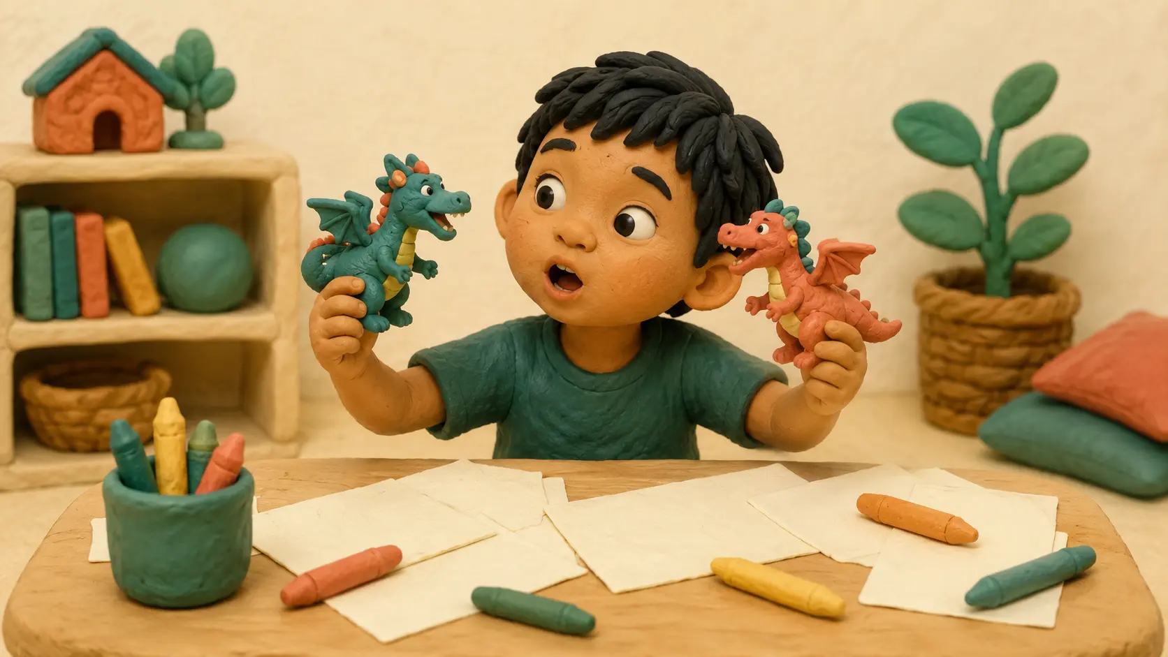 Claymation scene: a young child at a low table inventing a story out loud, holding a small clay dragon in each hand as if the two are talking to each other, with blank paper and crayons scattered around.