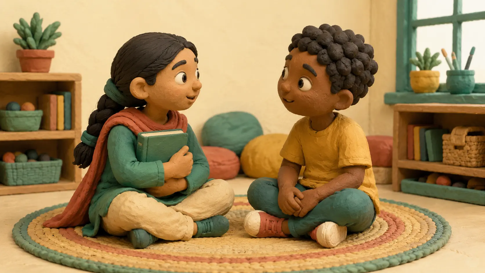 Claymation scene: two children sitting cross-legged on a classroom floor facing each other, one holding a closed book against their chest while the other listens.