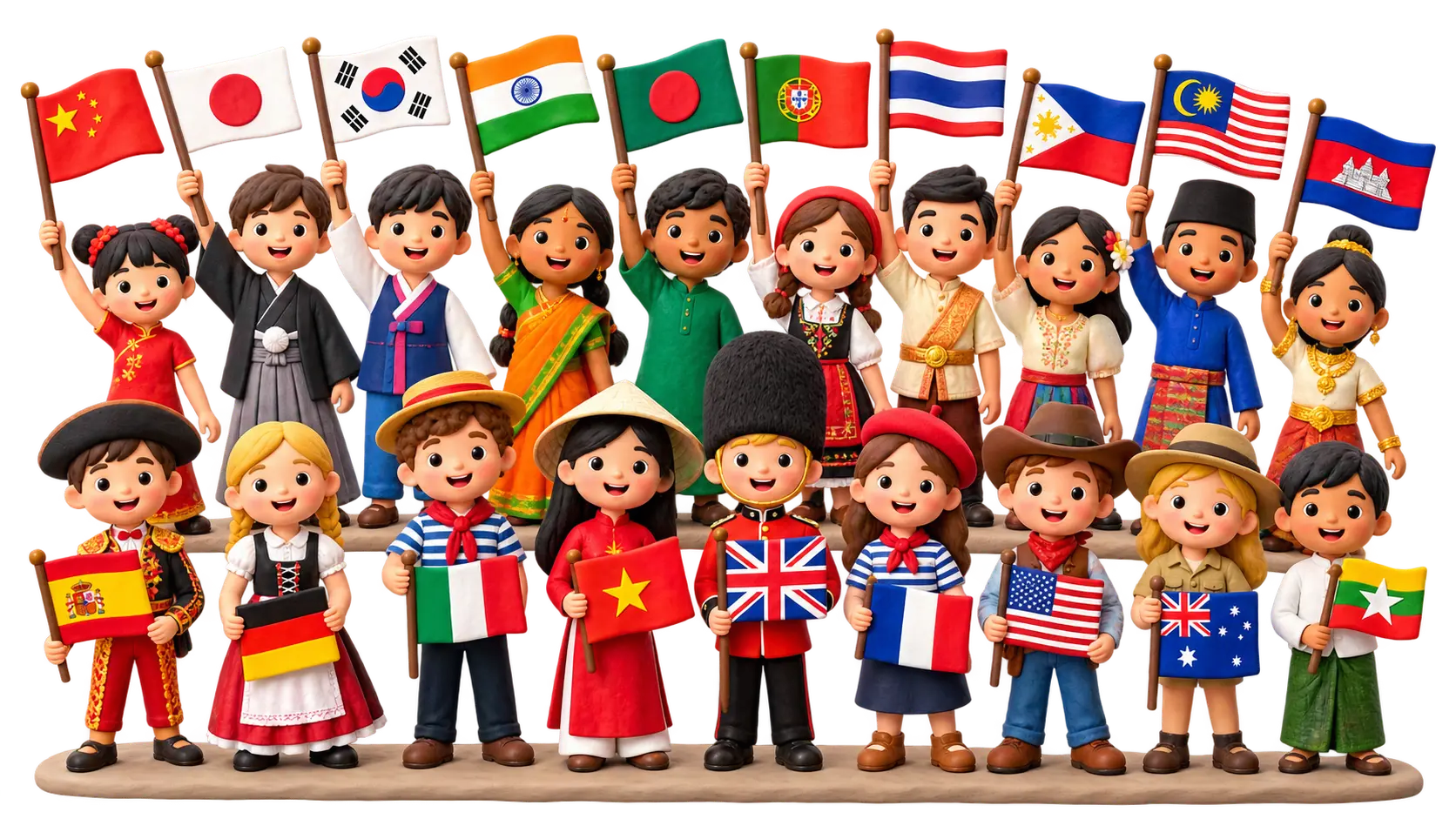 Two rows of claymation children in national dress, each holding or waving a different country's flag — among them China, Japan, Korea, India, Bangladesh, Portugal, Thailand, the Philippines, Malaysia, Cambodia, Vietnam, Spain, Germany, Italy, the UK, France and Myanmar.