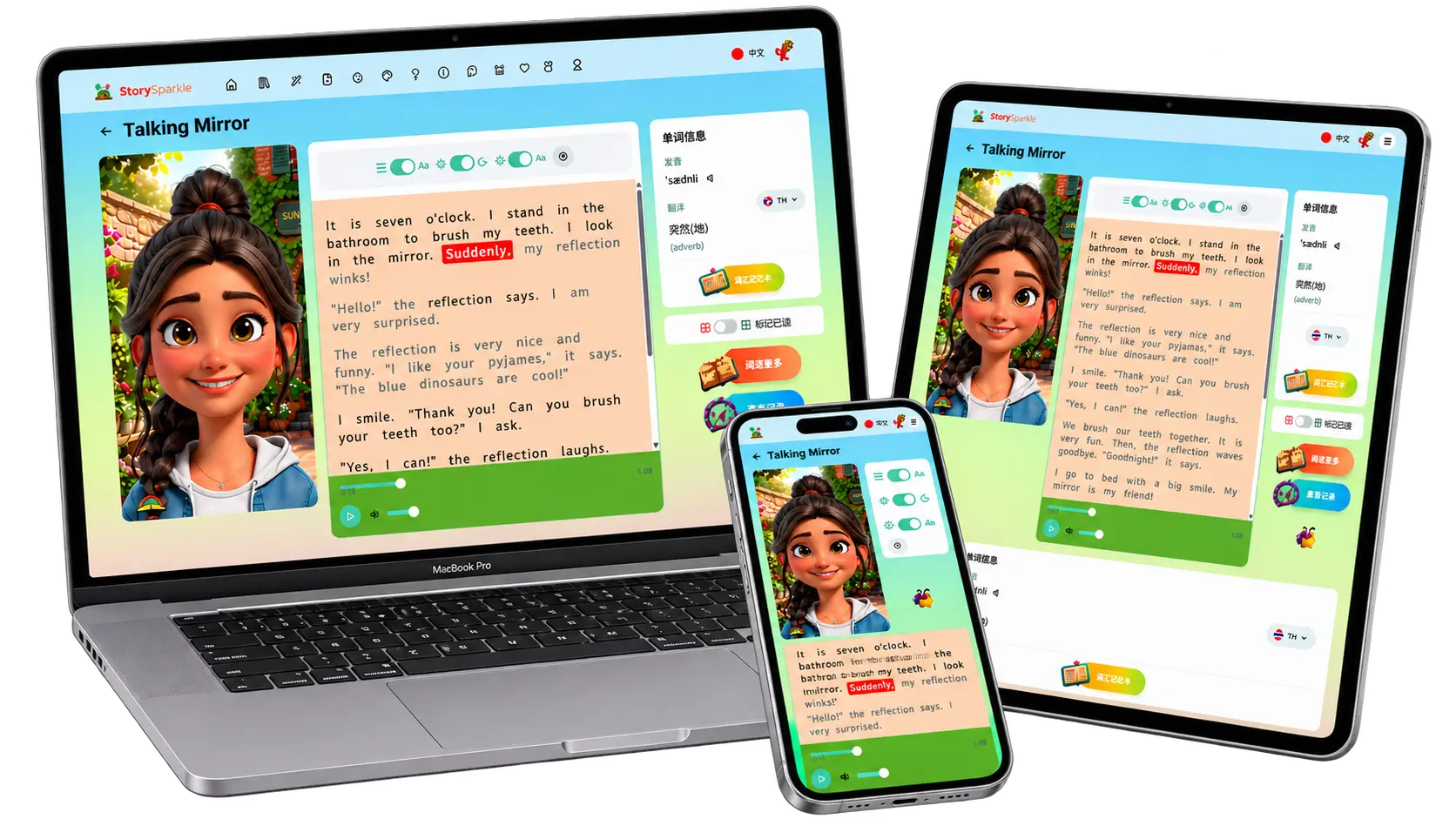 The same StorySparkle story open on a laptop, a tablet and a phone, with the reader laid out to suit each screen size.